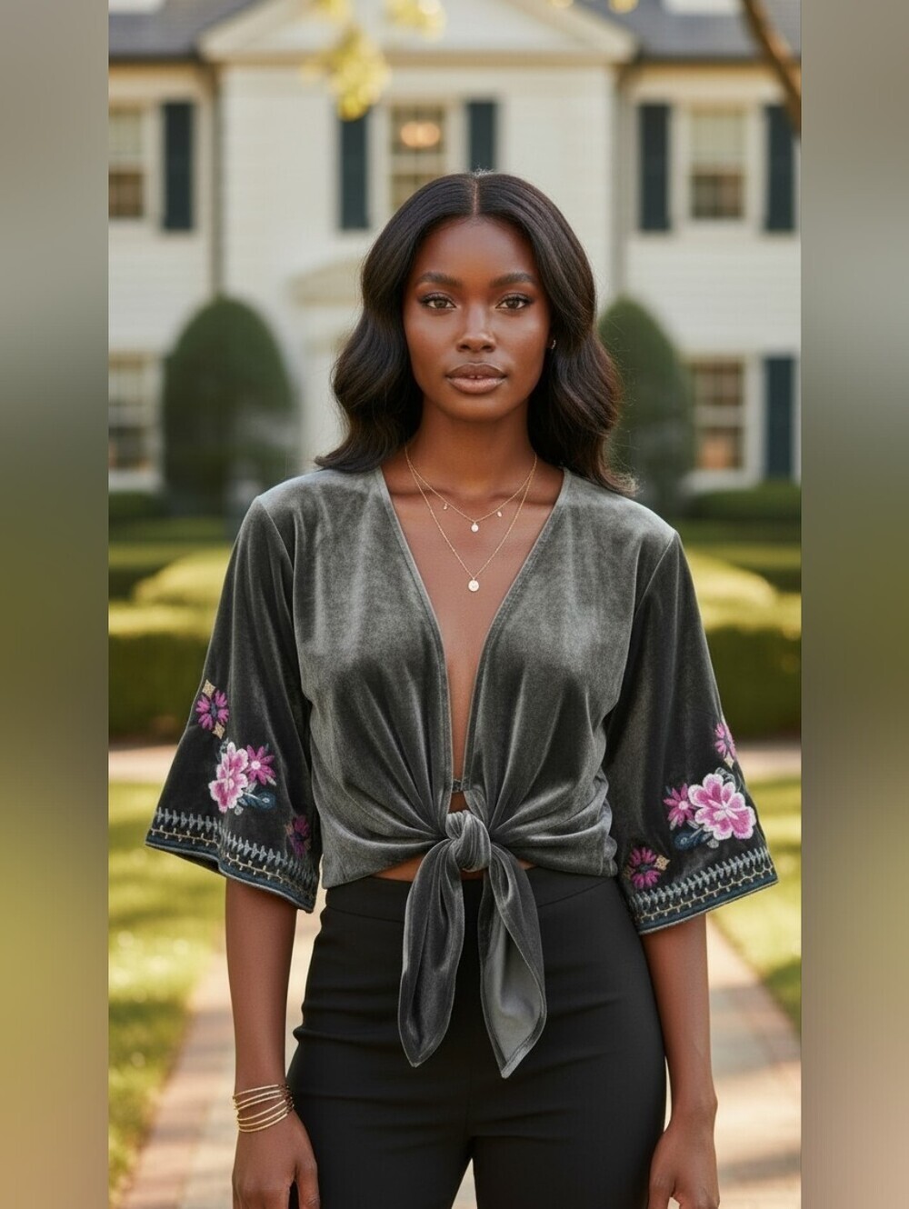 Lovestitch Olive Velour Floral Embroidered Tie Front Crop Top Boho Size /M